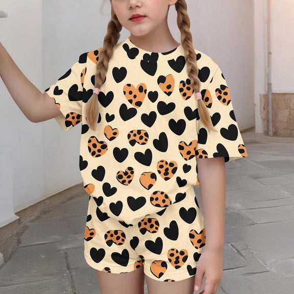 Cethrio Girls Summer Outfit Sets, Printed Casual 2 Piece Short Sleeve Kids' Clothing Sets Multicolor Size 6
