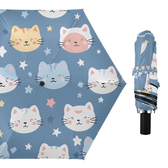 Cute Cats Face Compact Sun Umbrella Windproof Travel Umbrellas for Rain Strong Portable UV Protection