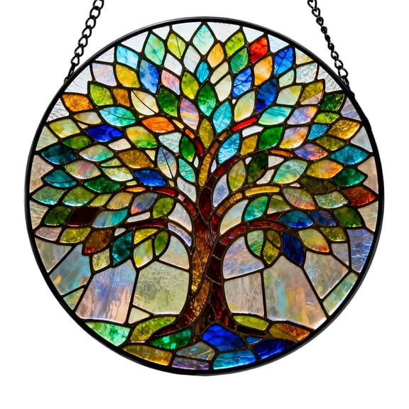 Stained Glass Window Hanging, Colorful Tree of Life Sun Catchers Glass Panel Blue Suncatcher Decor for Birthday for Women, Men, Wife, Aunt, and Mom 11.8in