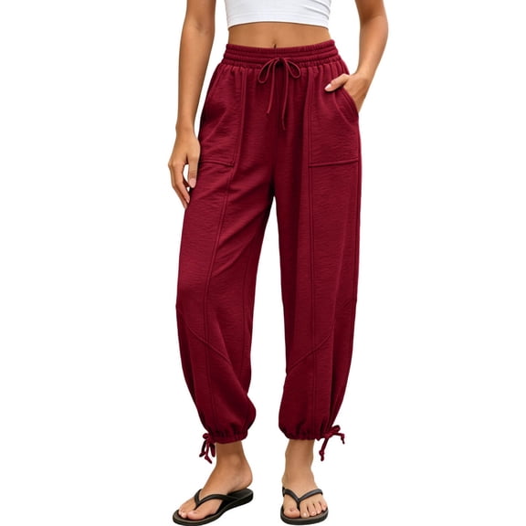 Women's Lightweight Summer Linen Harem Loose Beach , Joggers Elastic Waist Lounge Trousers with Pockets