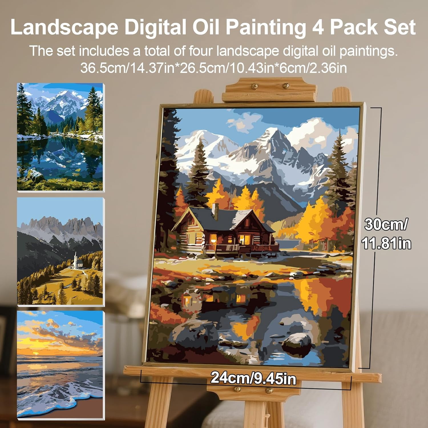 Qoosea 4 pack Paint by Number for Adults Canvas, DIY Landscape Paint by Number Kits for Adults Beginner, Home Wall Decor, Gifts (12x9 inch)