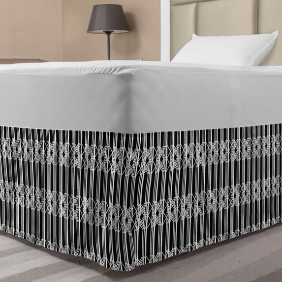 Trellis Bed Skirt, Demonstration of Vertical Stripes and Horizontal Squares Overlapped, Elastic Bedskirt Dust Ruffle Wrap Around for Bedding Decor, 4 Sizes, Charcoal Grey and White, by Ambesonne
