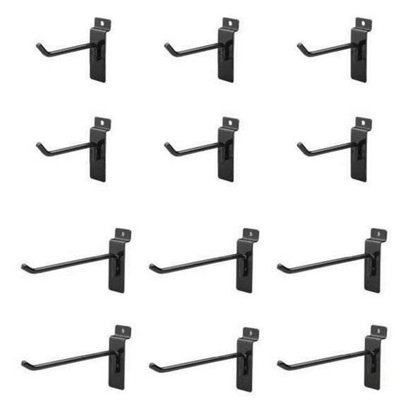 Jifram Extrusions, Inc. Easy Living Easy Wall Bag of Six 4 in. & Six 6 in. 45 Degree Black Metal Slatwall Hooks with Stabalizer & Double Hook Clips