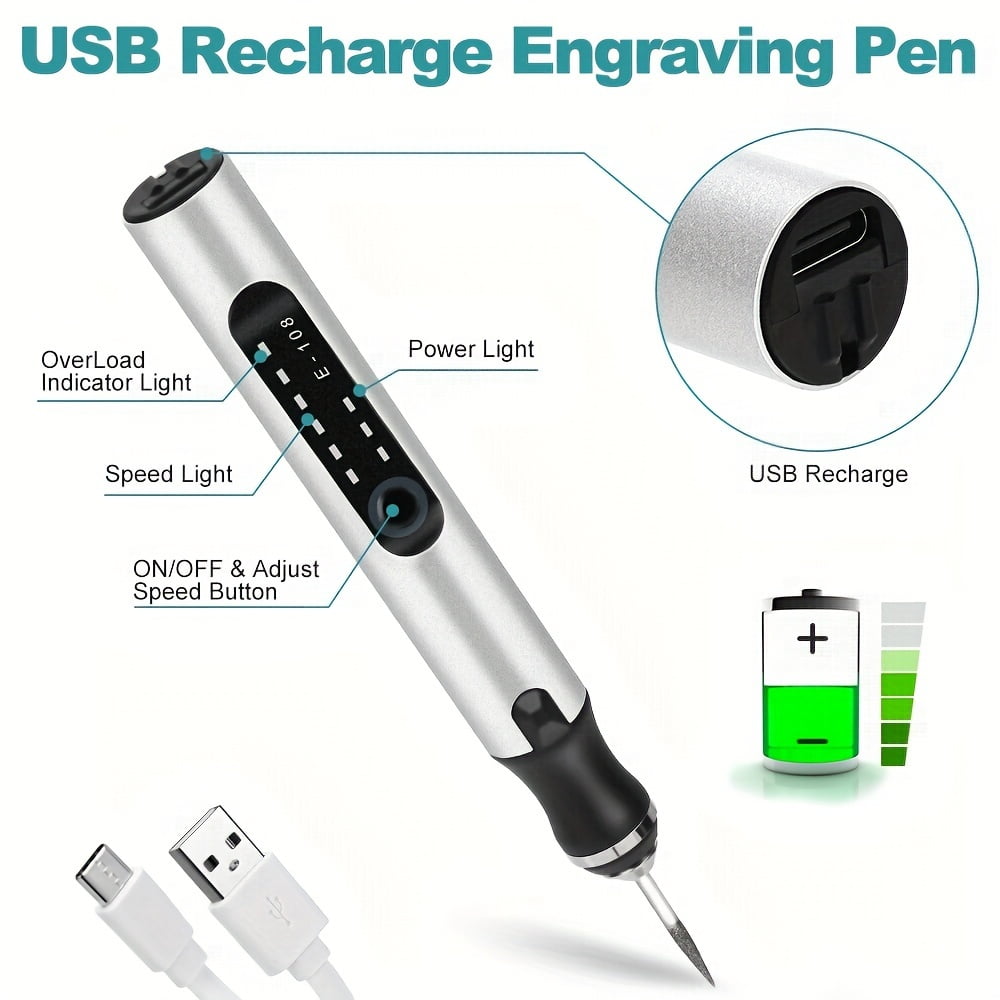 Electric Engraving Pen Kit, Engraving Tool Kit Cordless Engraver Pen USB Rechargeable DIY Etching Pen Rotary Tool For Glass Wood Metal Stone Plastic Nails And Jewelry