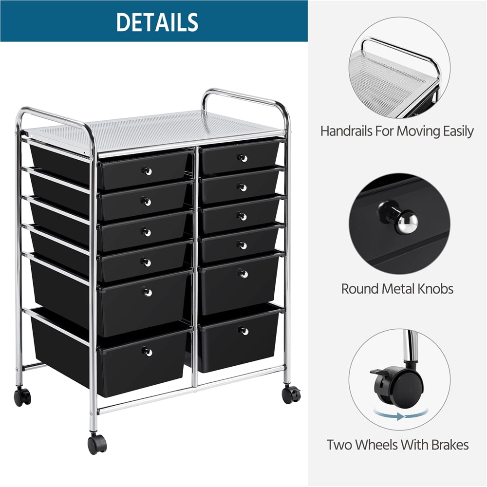 Renwick 12 Drawer Mobile Rolling Storage Cart for Home Office, Black
