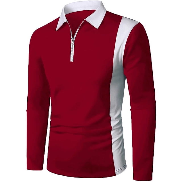 yievot Chemise à Col à Revers pour Homme à Manches Longues, Couture Bicolore, Mode, Fermeture Éclair, Manches Longues, Polo à Col Rabattu