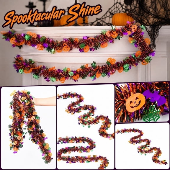 THOPBPRK 6.5-Foot Halloween Garland with Pumpkins, Bats, and Webs, Sparkly Foil Decoration for Indoor Outdoor Holiday Party Home Decor