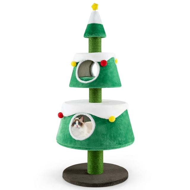 Gymax Christmas Cat Tree for Indoor Cats w/ 2 Condos Sisal Scratching Posts Spring Toy
