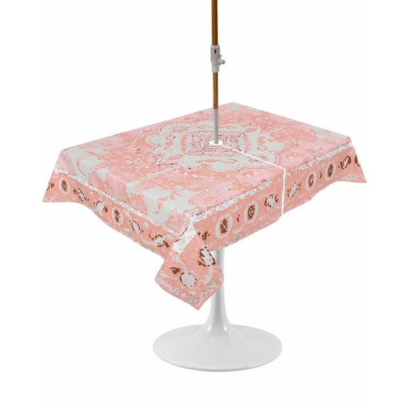 Outdoor Table Cloth with Umbrella Hole and Zipper, Pink Boho Waterproof Rectangle Tablecloth 54"x80", Vintage Abstract Tribal Decorative Oriental Washable Table Cover for Outside Party Patio Picnic