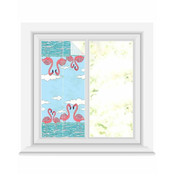 Window Privacy Film Summer Cute Flamingo Stained Glass Window Film Decorative Sun Block Window Cover Cartoon Animal Cloud Blue Sky Window Clings Static Adhesive Sticker for Bathroom 19.6"x39.3"