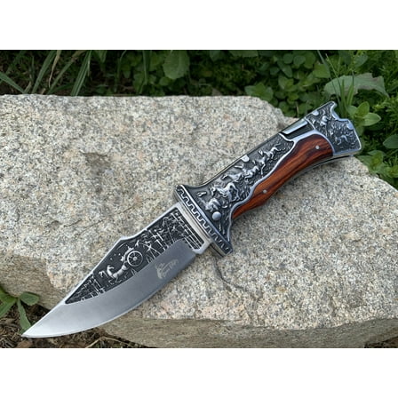 9" Engraved Hunting Folding Open Blade Pocket Knife Wood Handle 3CR13 Steel