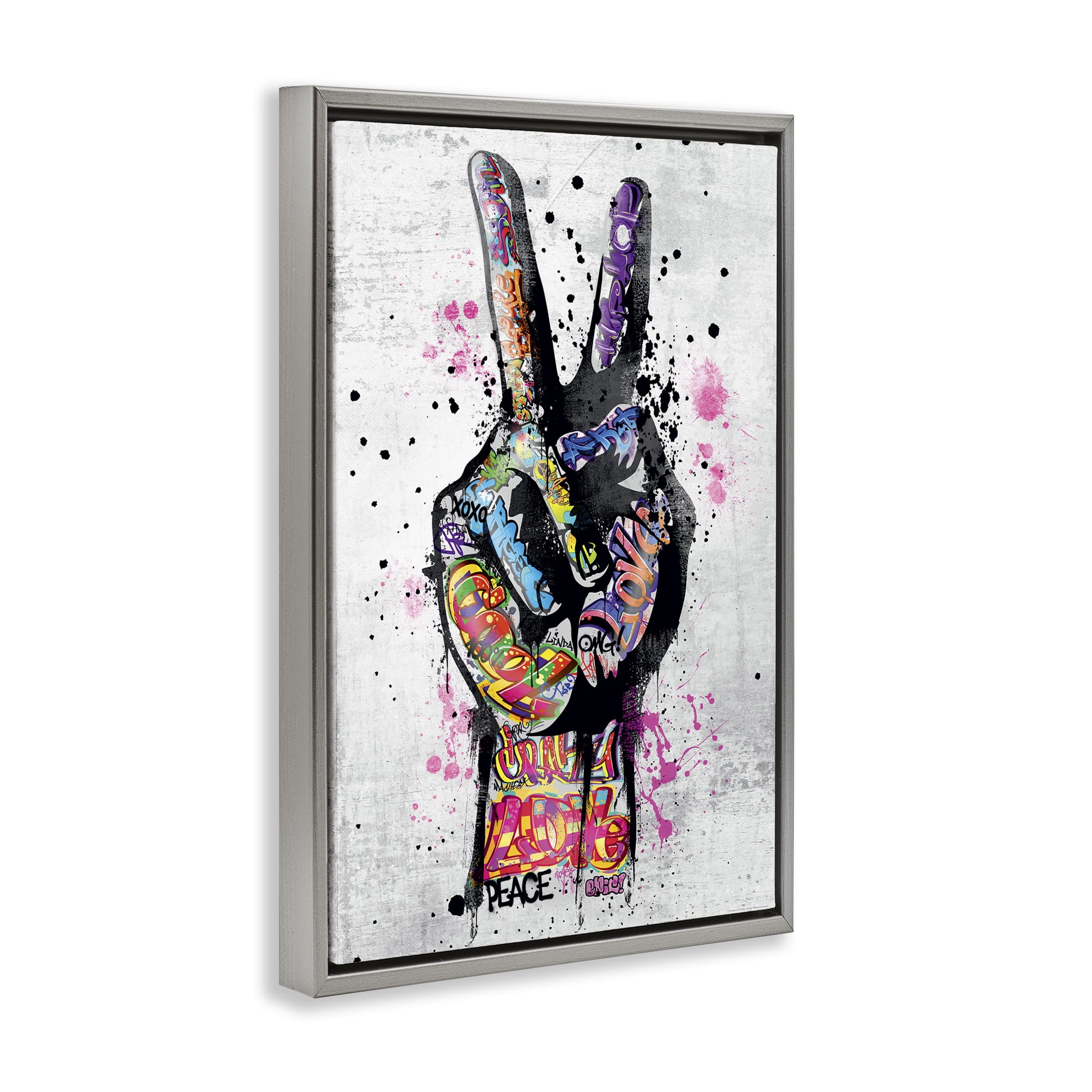 Stupell Industries Urban Tattooed Peace Hand Abstract Painting Gray Floater Framed Canvas Art Print Wall Art, 21 x 31