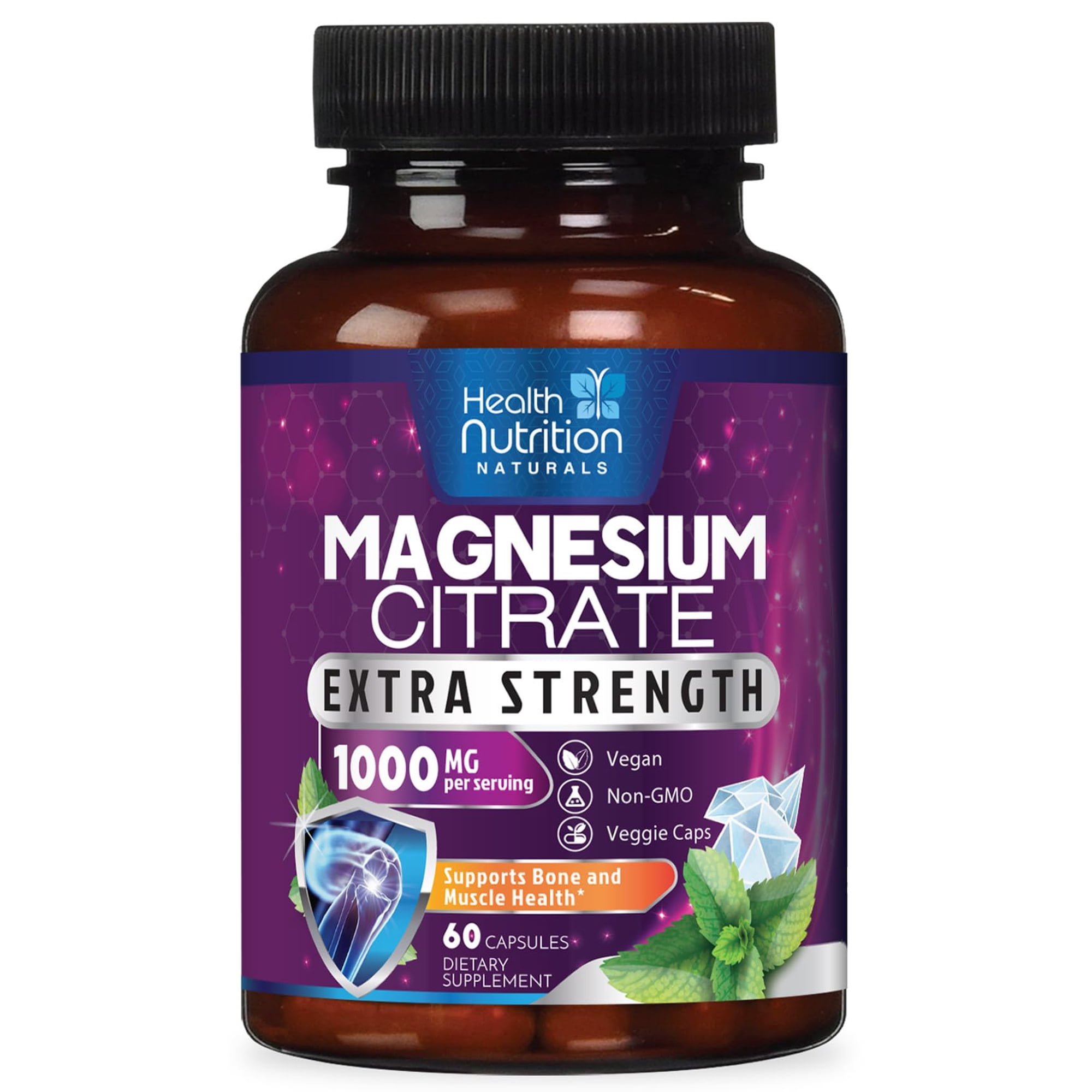 Magnesium Citrate 1000mg - Max Absorption Magnesium Powder Capsules for Muscle, Nerve, and Heart Health Support - High Absorption Citrate Complex for Men & Women, Vegan, Bottled in USA - 60 Capsules