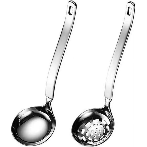 MISSUNNY Soup Ladle Metal SUS304 Stainless Steel Ladles Spoon And Slotted Colander Spoon Set Small Soup Ladle With Holes Strainer Scoop Ladles For Serving Gravy Hot Pot Or Restaurant,2 Piece Set