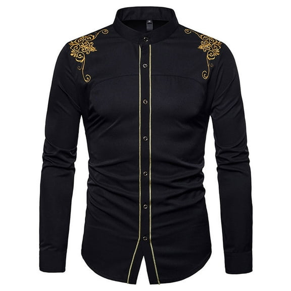 DDAPJ pyju Mens Long Sleeve Dress Shirts,Stand Collar Western Cowboy Shirt Luxury Gold Embroidery Design Slim Fit Casual Button Down Shirts