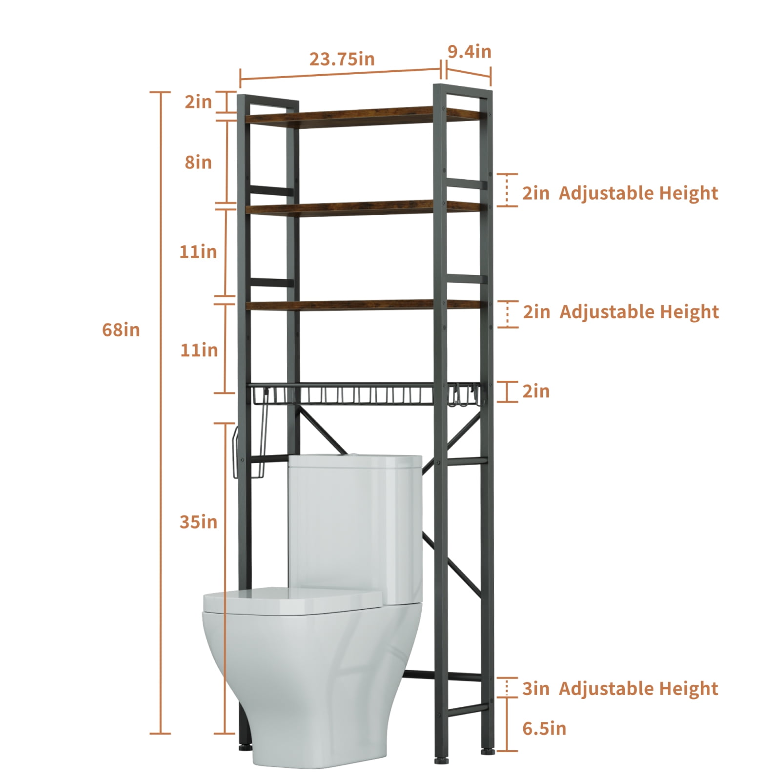 Capri Over The Toilet Storage Shelf, 4-Tier Freestanding Bathroom Organizers and Storage, above Toilet Space Saver Rack with Adjustable Shelves, Toilet Paper Holder and 9-Hooks, Rustic Brown