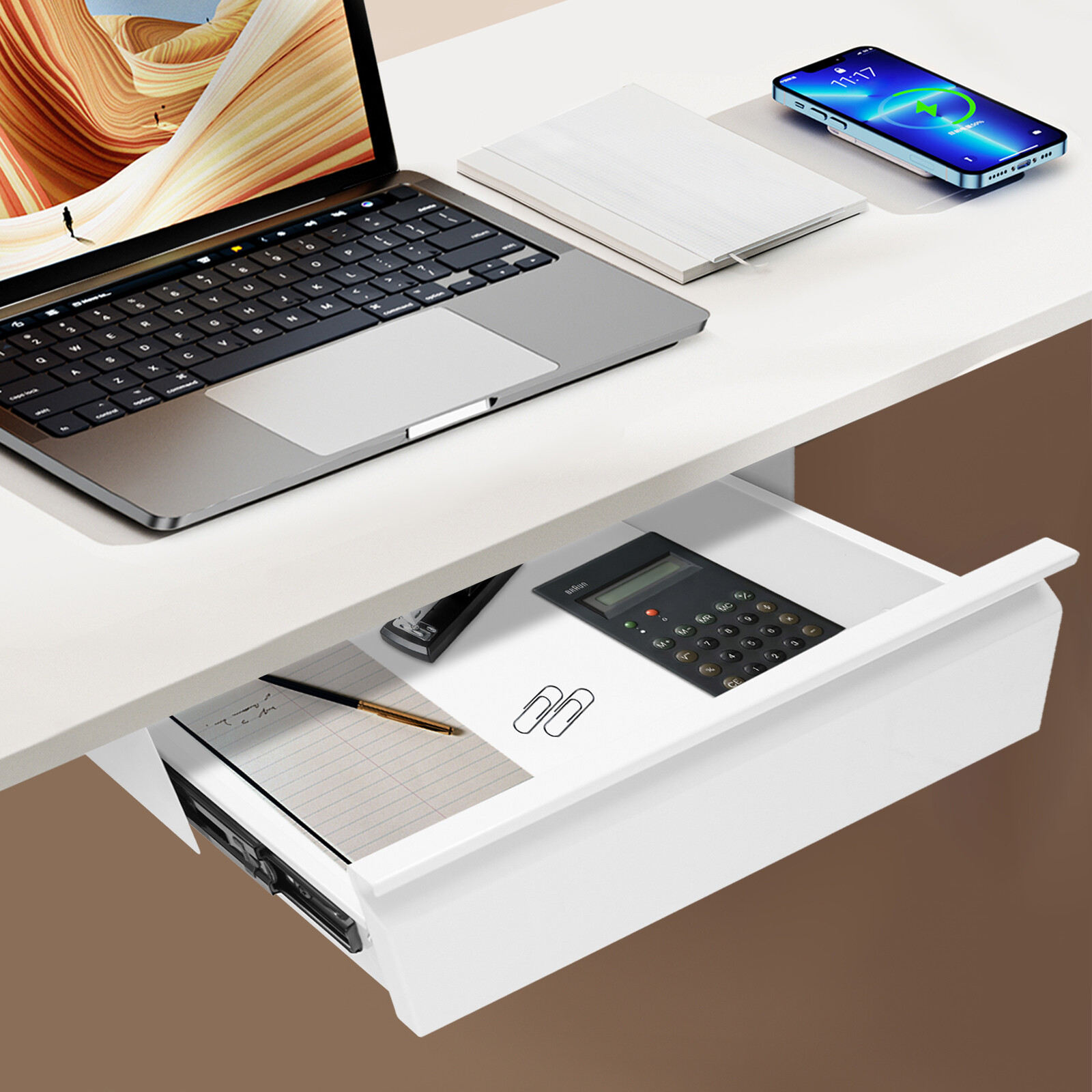 Under Desk Mounted Sliding Pull-out Drawer, Storage Organizer for Sit Stand Workstation, Pull-out Drawer White