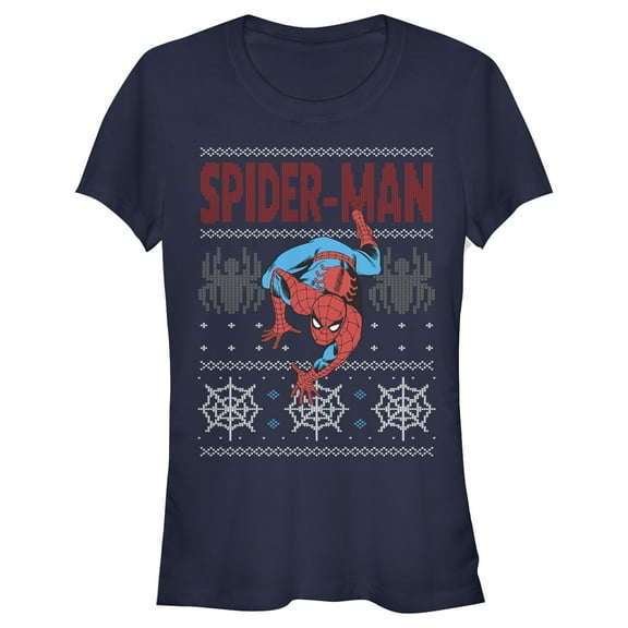 Junior's Marvel Ugly Christmas Spider-Man Crawl Graphic Tee Navy Blue Small
