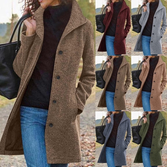 Lovzfmll Fall Jackets for Women, Solid Color Thick Wool Coat, Stand Collar Single Breasted Trench, Fall Winter Clothing