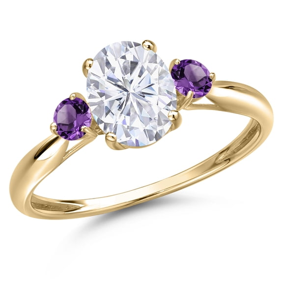 Gem Stone King 10K Yellow Gold White Moissanite and Purple Amethyst 3-Stone Ring for Women | 1.70 Cttw | Oval 8X6MM | Gemstone Birthstone | Size 7