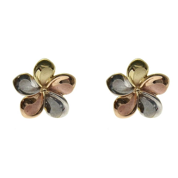 14K solid tricolor gold Hawaiian 11mm plumeria flower stud earrings