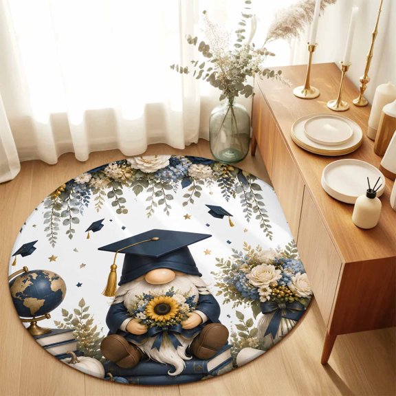 Round Rugs 3Ft, Blue Graduation Gnomes Round Area Rug Washable Indoor Throw Carpet, Modern Sunflowers Leaves Floral Small Non Slip Circle Rug for Bedroom Living Room Home Decor Aesthetic