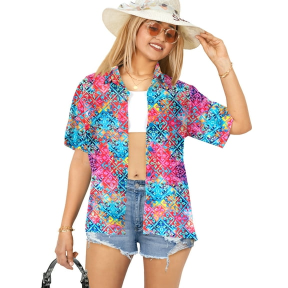 HAPPY BAY Women's Floral Beach Hawaiian Shirt Summer Blouse Short Sleeve Button Down Dress Tops Tee Shirts Blouses for Women S Ikkat, Multicoloured