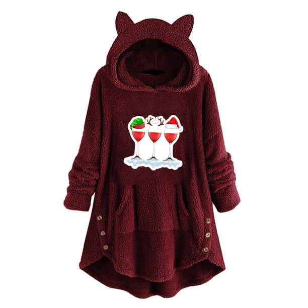 Abrigo de Piel Sintética Para Mujer, Blusa Con Estampado Navideño, Tops de Felpa Con Botones A La Moda, Con Capucha Y Bolsillo, Tops Sueltos de Invierno Odeerbi ODB186502