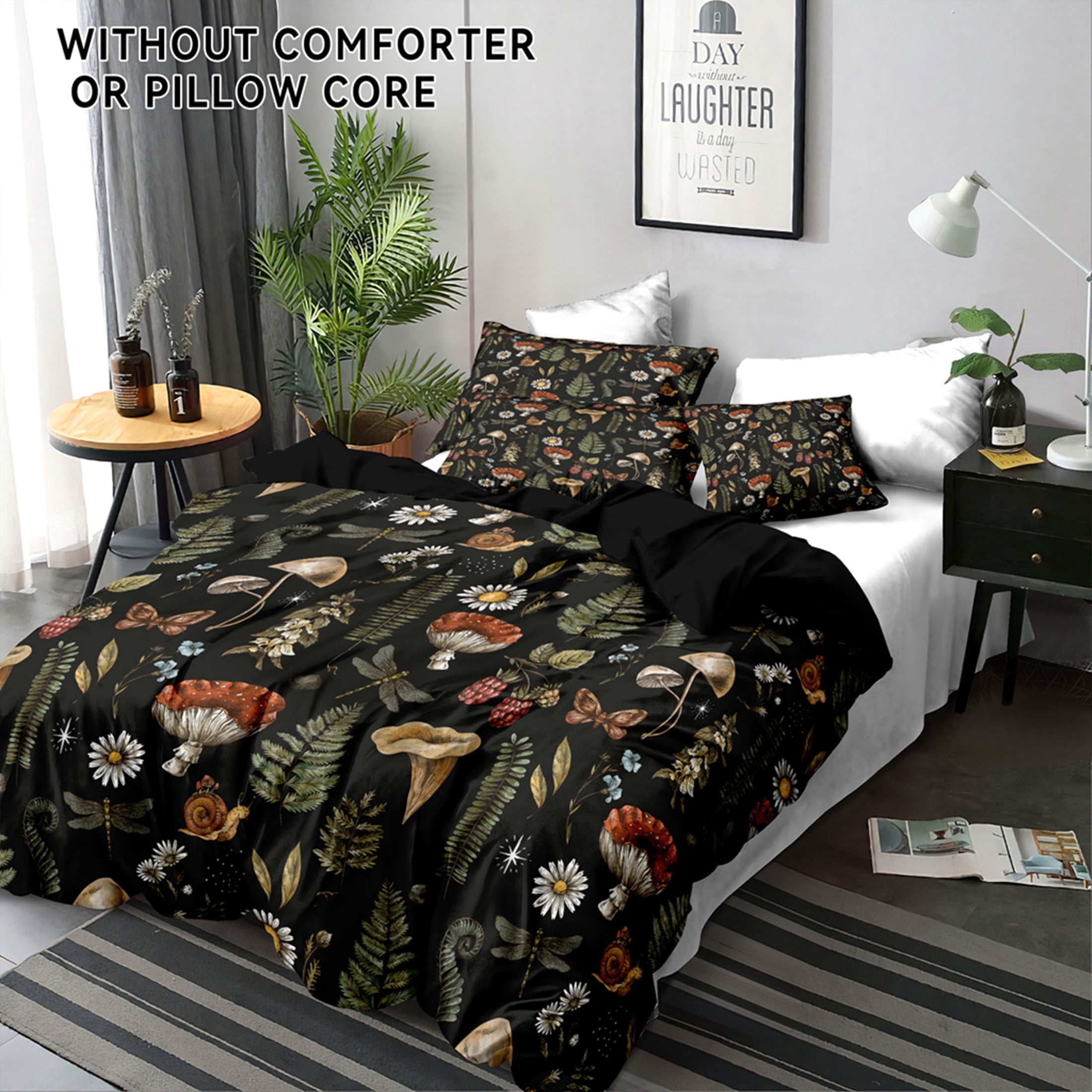 Orylavena Mushroom Forest Microfiber Duvet Cover Set, Black Back, Twin