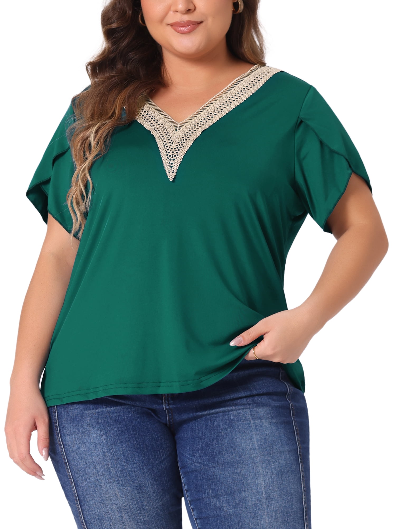 DARING DIVA Women's Plus Tulip Sleeve Lace V Neck Casual Blouse 3X Dark Green