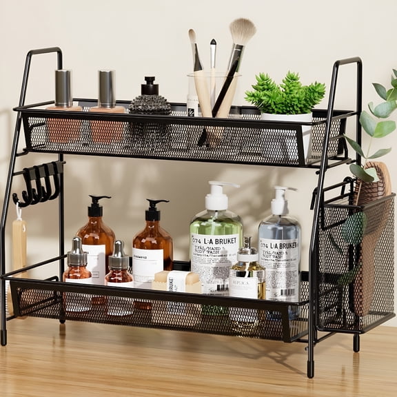XIBUFE 2-Tier Bathroom Organizer Countertop,Metal Wire Mesh Bathroom Counter Organizer Storage with Basket Hooks Bathroom Organizer Countertop