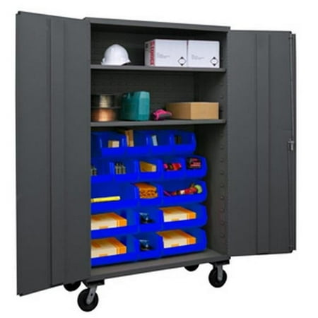 

48 in. 16 Gauge Flush Door Style Lockable Mobile Storage Cabinet with 18 Blue Hook on Bins & 2 Adjustable Shelves Gray