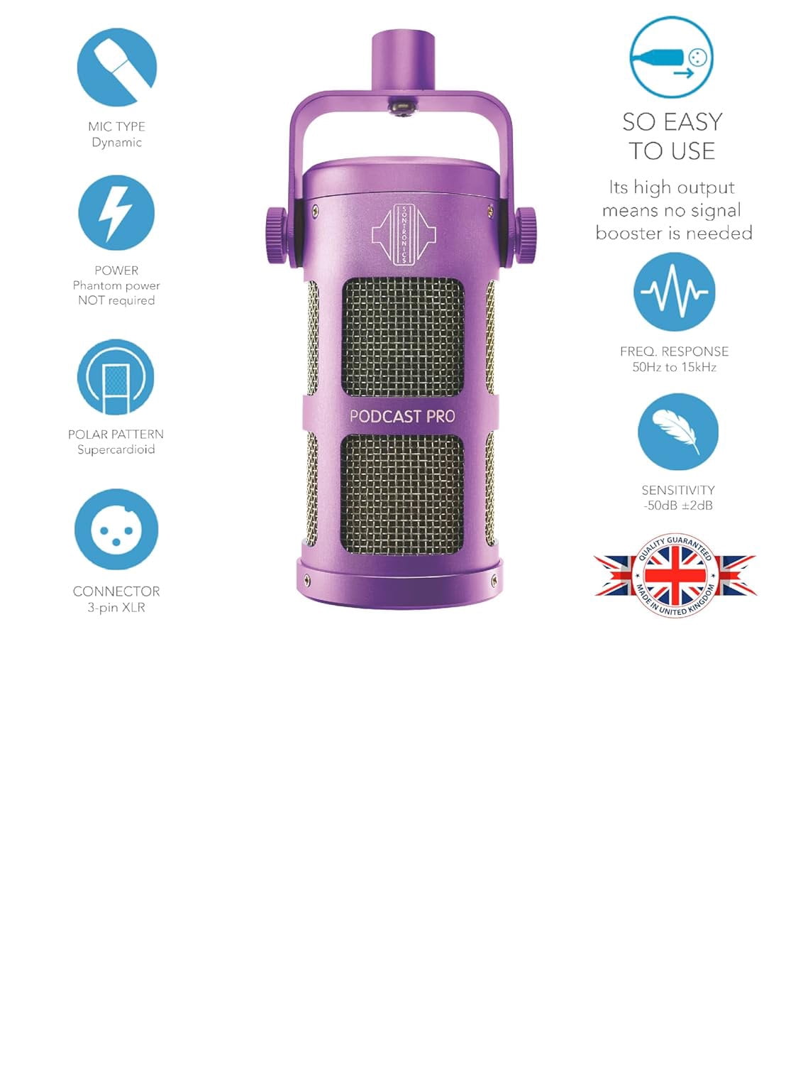 Sontronics Podcast Pro - Dynamic Podcast / Streaming / Broadcast / Gaming Microphone. Purple
