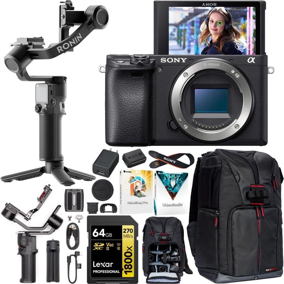 Sony a6400 Mirrorless Camera Body ILCE-6400/B 4K APS-C Filmmaker's Bundle Including DJI RS 3 Mini Gimbal Stabilizer Kit   Deco Gear Photography Backpack   64GB High Speed Card & Software