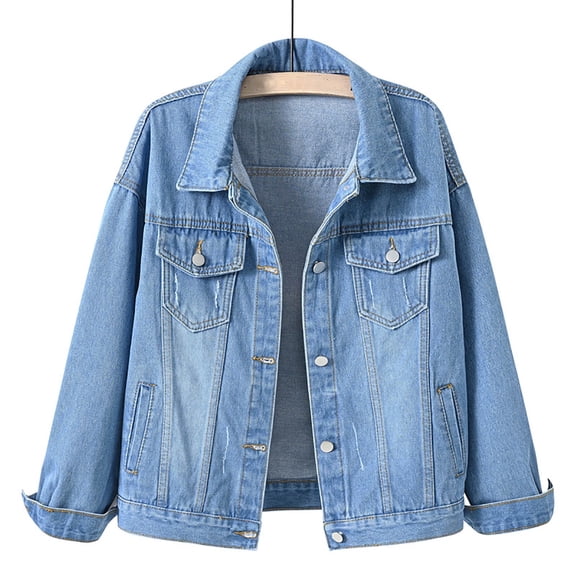 Womens Plus Size Denim Jackets S-4X Trendy Button Up Collared Long Sleeve Jean Coats with Pockets Ladies Casual Solid Outerwear Jacket