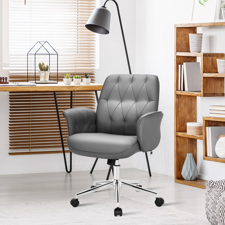 Giantex Vanity Chair for Makeup Modern Mid Back Executive Computer PU Leather Leisure Chair with Padded Armrests Wheels Wide Seat Height