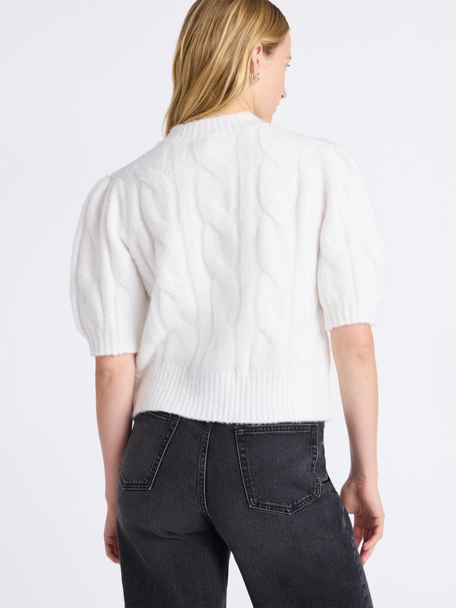 Free Assembly Women's and Women's Plus Cable Cardigan with Short Puff Sleeves, Sizes XS-4X