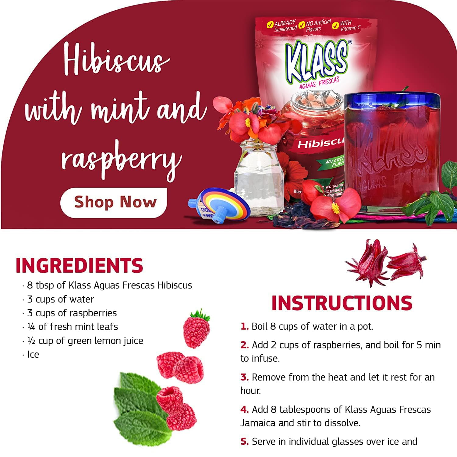 (6 pack) Klass Aguas Frescas Hibiscus, with Vitamin C, Multiserve, Powdered Drink Mix, 14.1oz
