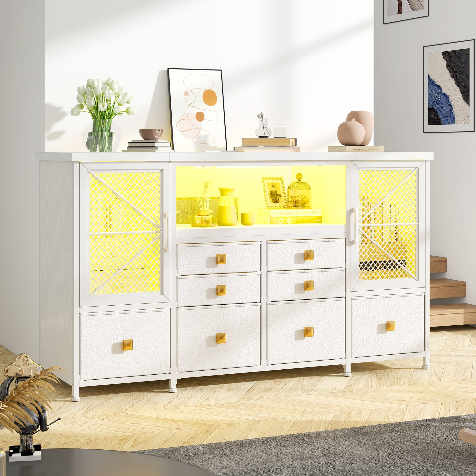 Romorgniz White Dresser for Bedroom with 8-Drawers,TV Stand for 60"TV with LED Lights & Power Outlets,Mesh Door