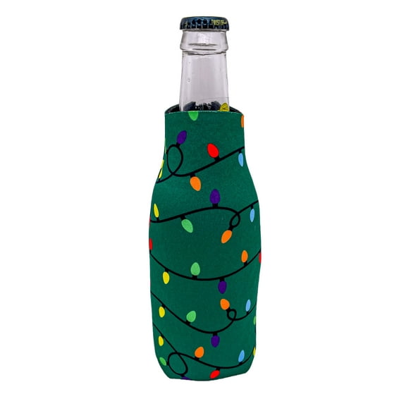 Christmas Lights Pattern Green Zipper Beer Bottle Coolie