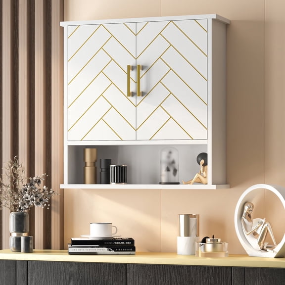 Hironpal Wall Mounted Bathroom Cabinet Storage with Open Shelf,Over the Toilet Cabinet for Bathroom,Chevron Pattern,White