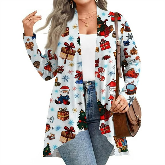 Women's Fall and Winter Fashion Casual Print Long Sleeve Mid-Length Cardigan Jacket, Christmas Theme for Holiday Season,Sky Blue,3XL