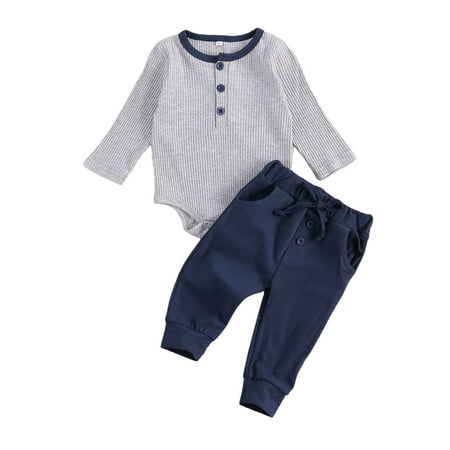 

Kiapeise Baby Boy Casual 2PCS Set Crew Neck Button Long Sleeve Romper Solid Color Drawstring Pocket Pants Fall Winter Clothes Outfit