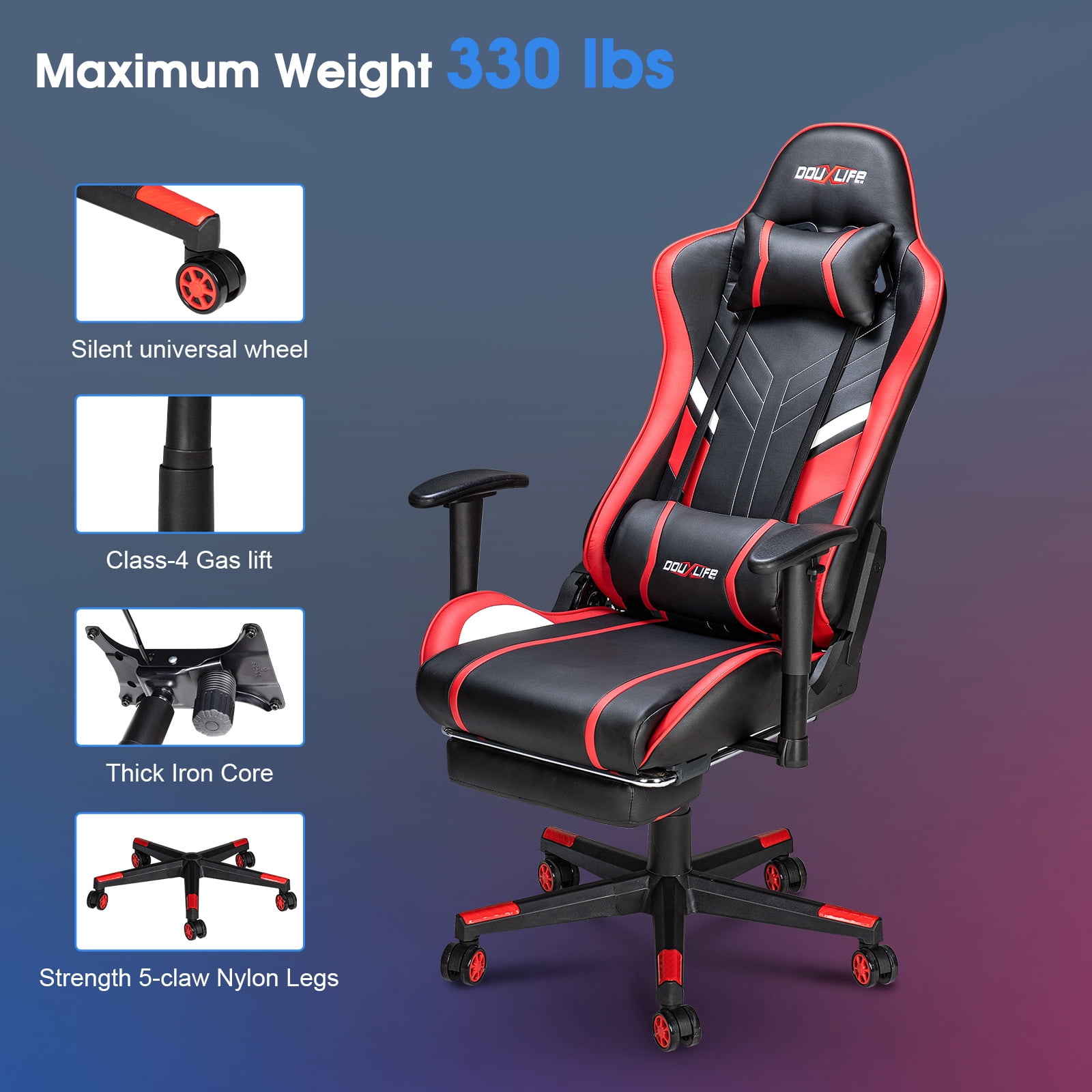 Douxlife 7-Point Massage Gaming Chair with Footrest, 175° Reclining, Ergonomic Racing High Back Home Office Computer Chair, Video Game Chair for Adults Kids