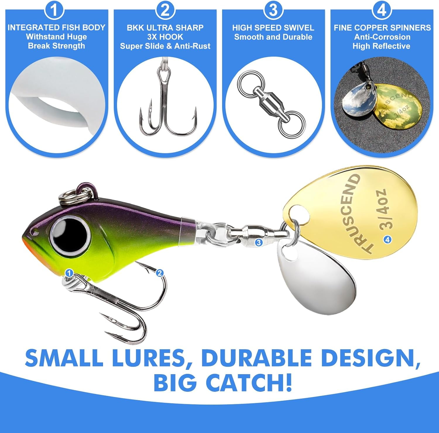 TRUSCEND Vibespinner Lures with BKK Hooks – Easy Catch: 4 Actions (Vibrate/Swim/Flash/Jig) for More Bites, Longer Cast Search Bait – Jigs for Bass, Crappie, Trout– Ideal for Family Fishing
