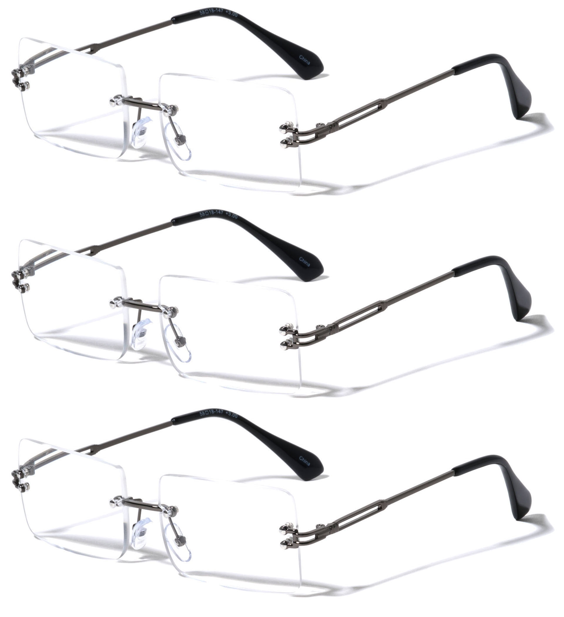 3 Pairs Men Modern Rectangular Full Rimless Reading Glasses Classy Fashion Clear Lens Reader
