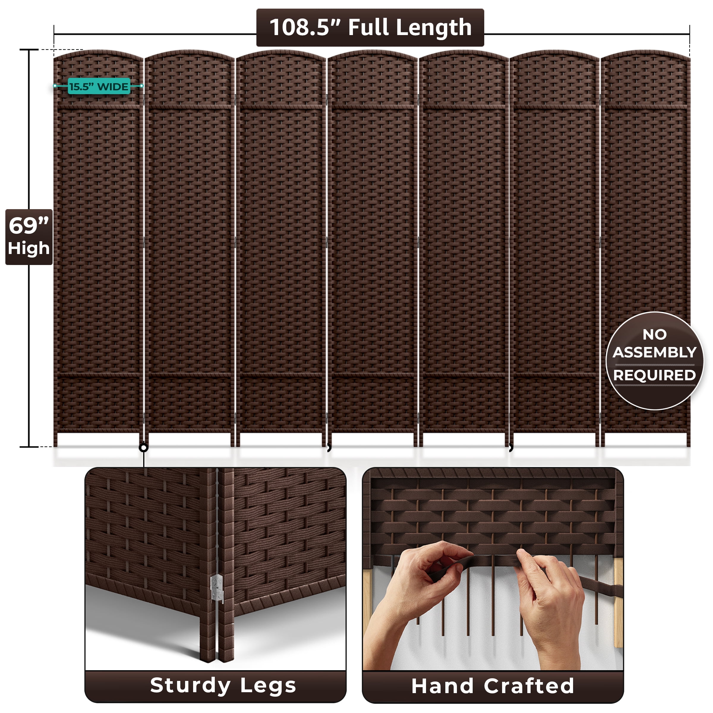 Sorbus 7-Panel Wide Folding Room Divider Privacy Screen, Hand-Woven Chocolate Mesh