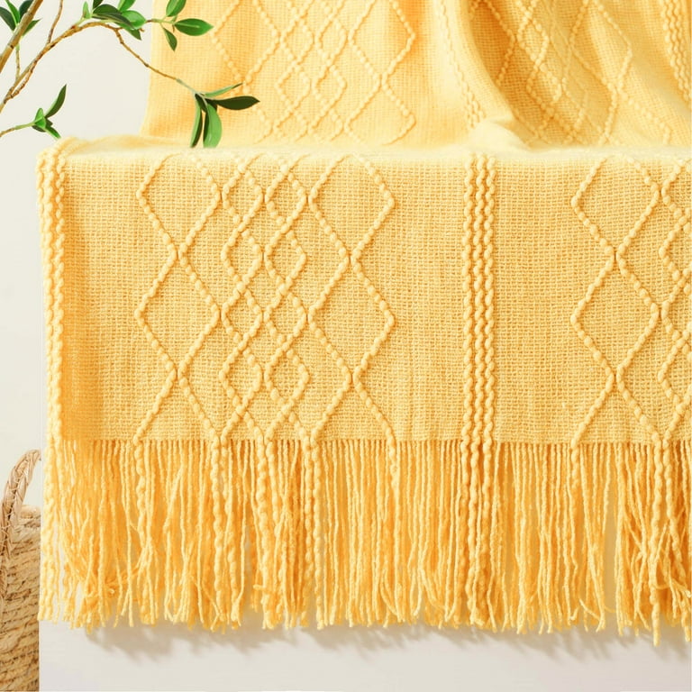 Battilo Mustard Yellow Throw Blanket for Couch Bed Chair knit Throw Blanket With Fringe Decorative Sofa Blanket Soft Lightweight Blanket and Throws