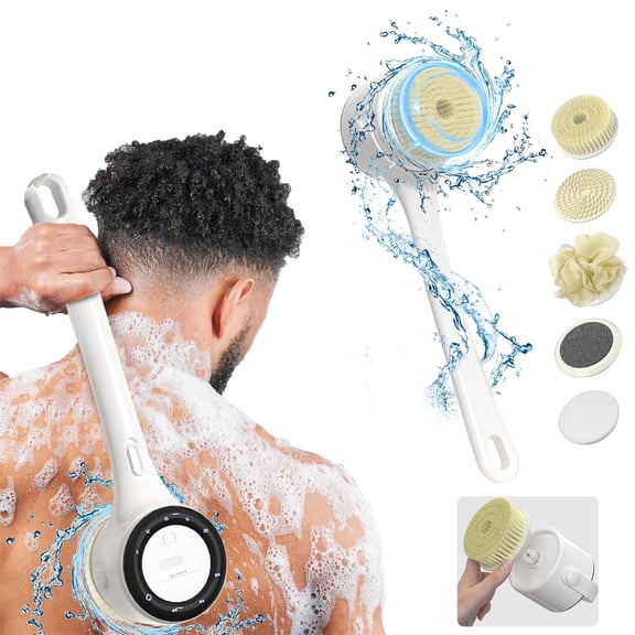 Taotanxi Electric Body Brush Back Scrubber for Shower, Waterproof Long Dual Handle Power Body Scrubber with 5 Heads, Rechargeable Bath Brush & 2 Speeds, for Cleansing, Exfoliating and Massaging Skin
