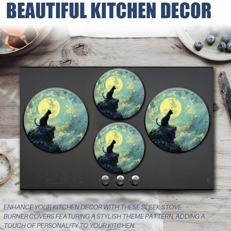 BaHomeck Electric Stove Burner Covers Set of 4,Round Metal Gas Stove Burner Covers 8 Inch and 10 Inch,Kitchen Decor,Black Cat Sits On The Edge Of Cliff And Gazing At The Full Moon